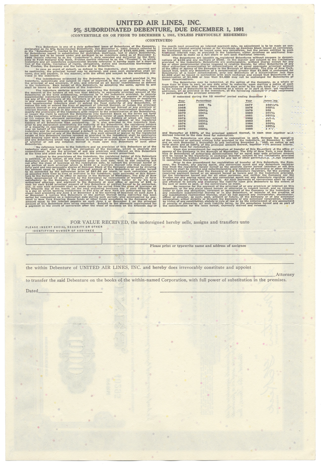 United Air Lines, Inc. Bond Certificate