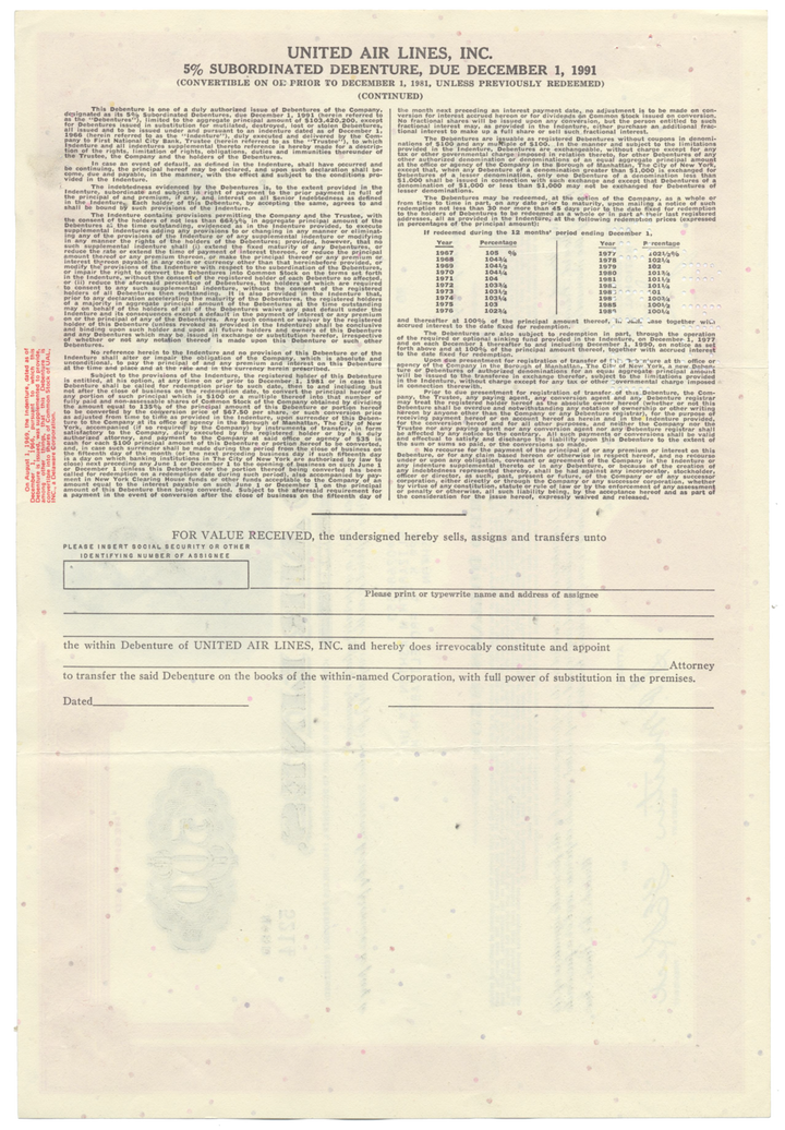 United Air Lines, Inc. Bond Certificate