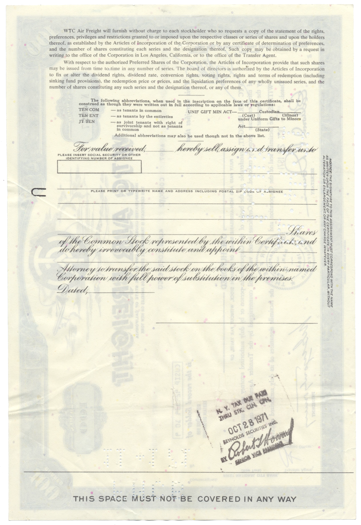 WTC AIr Freight Stock Certificate