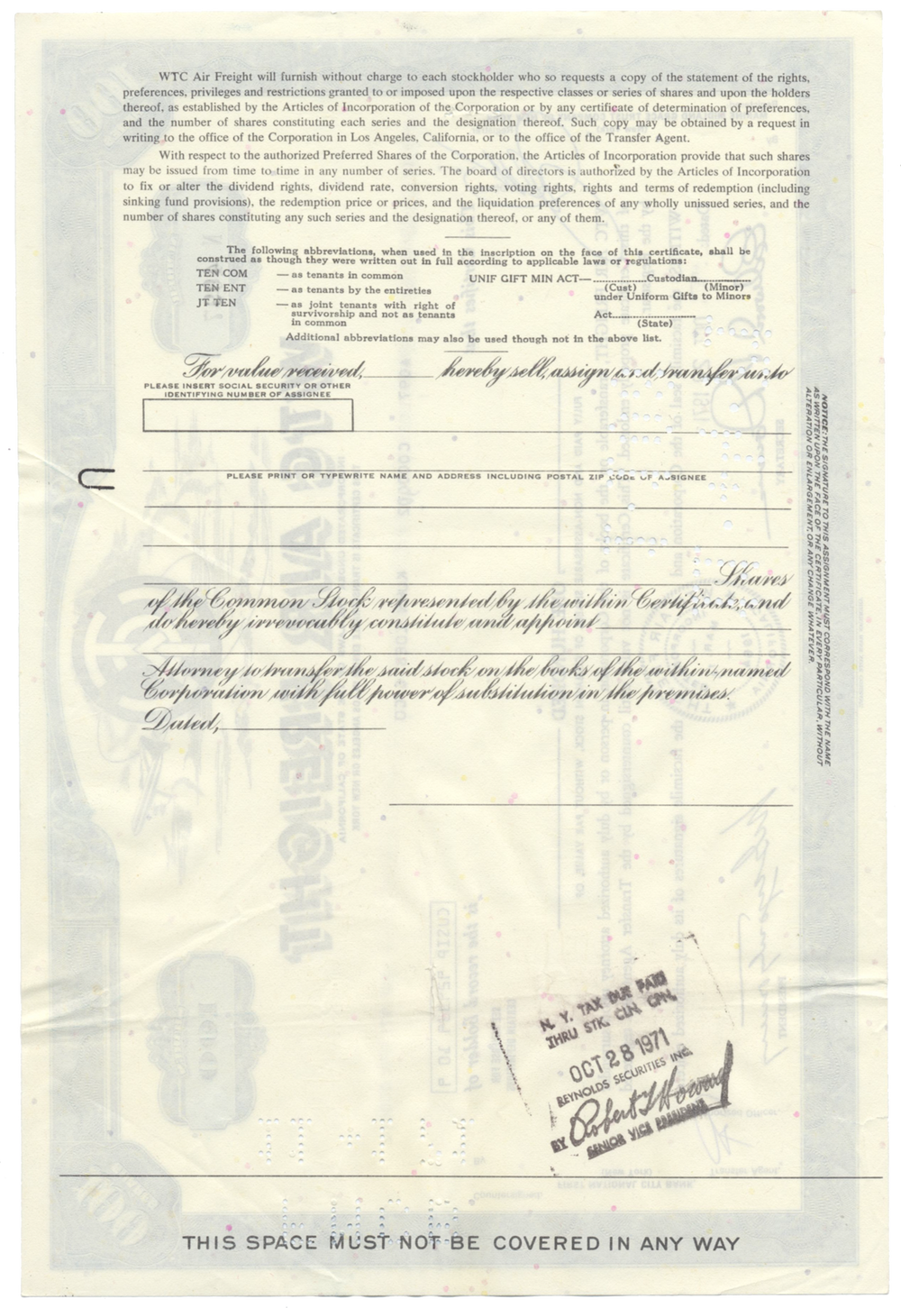 WTC AIr Freight Stock Certificate