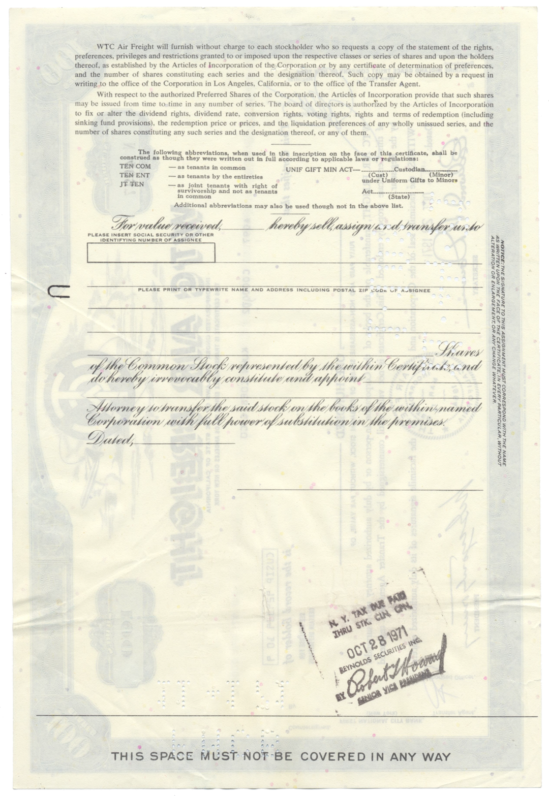 WTC AIr Freight Stock Certificate