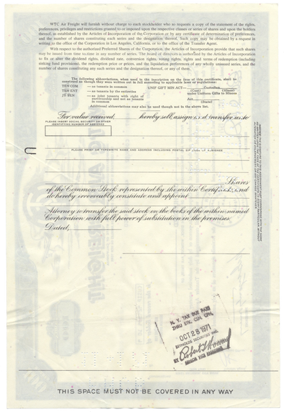 WTC AIr Freight Stock Certificate