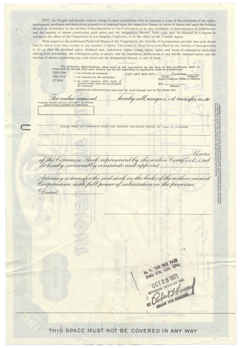WTC AIr Freight Stock Certificate