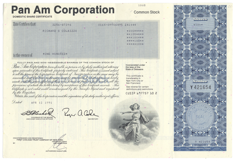 Pan Am Corporation Stock Certificate