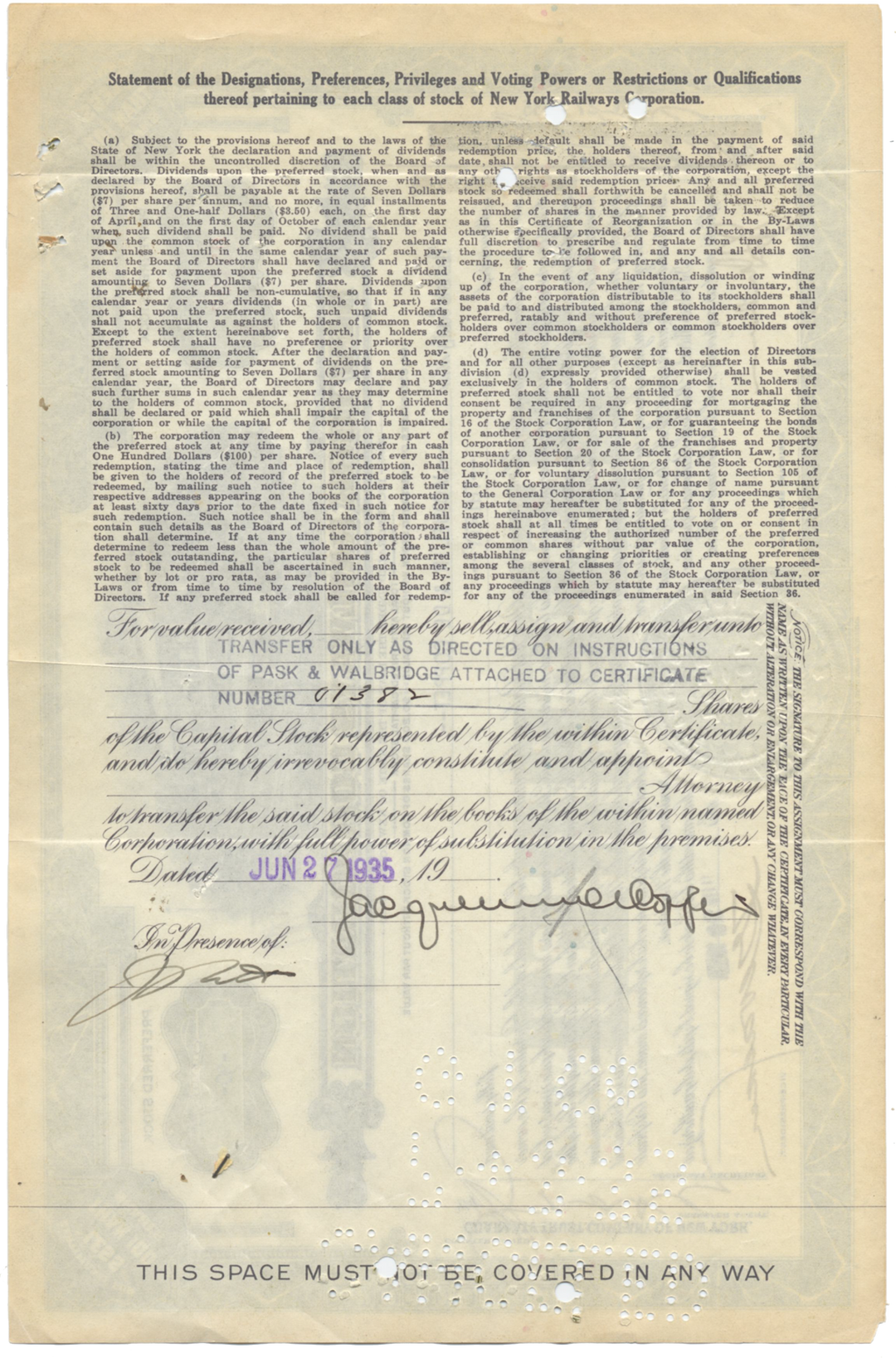 New York Railways Corporation Stock Certificate