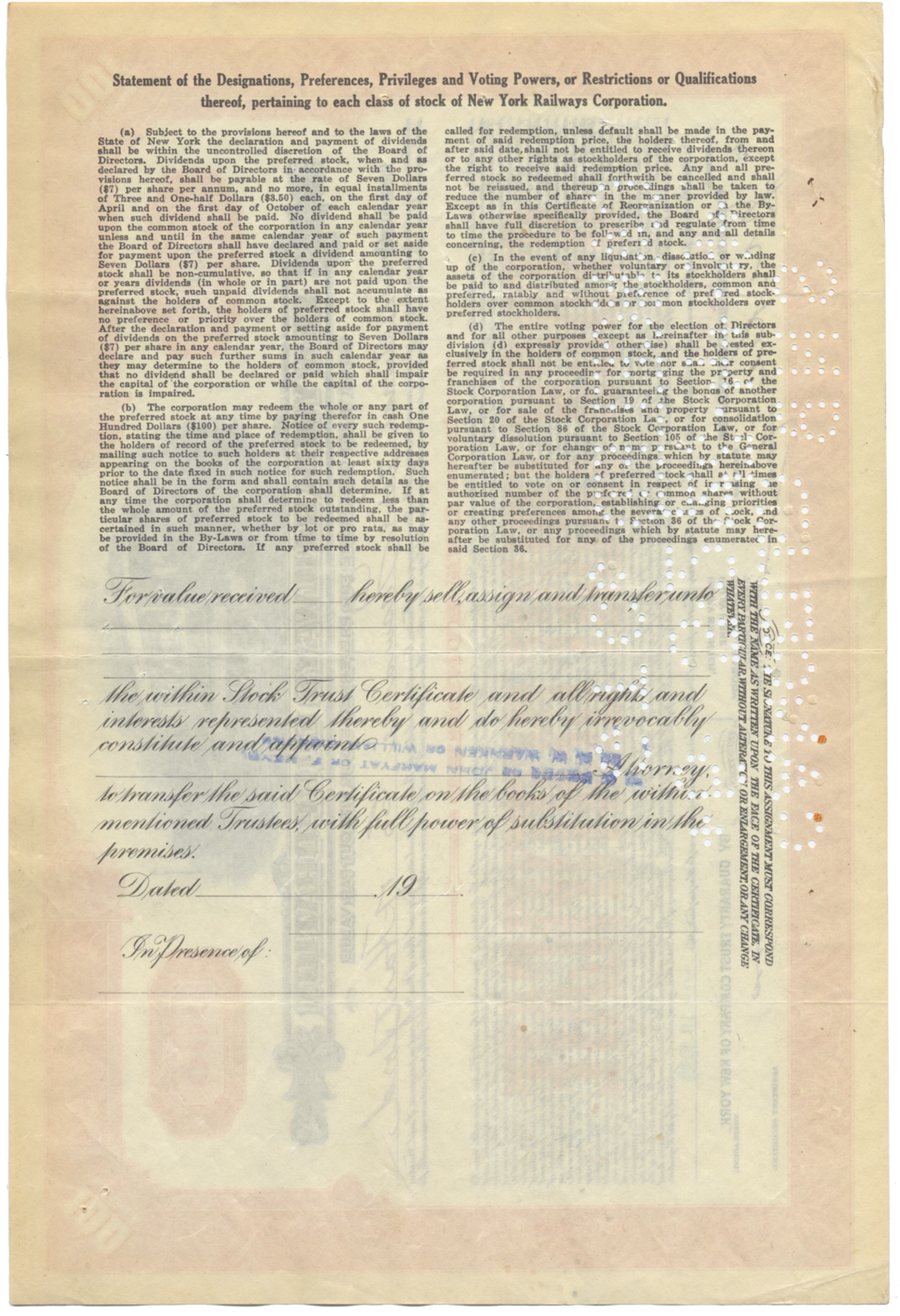 New York Railways Corporation Stock Certificate