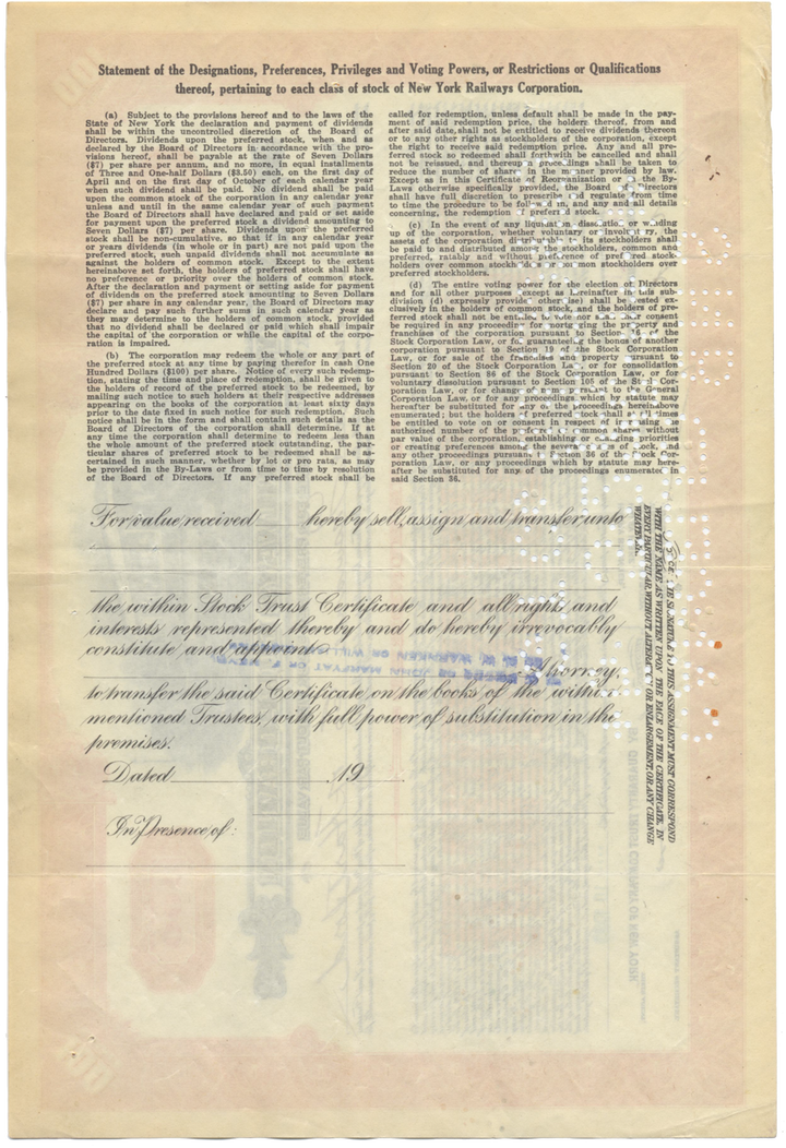 New York Railways Corporation Stock Certificate