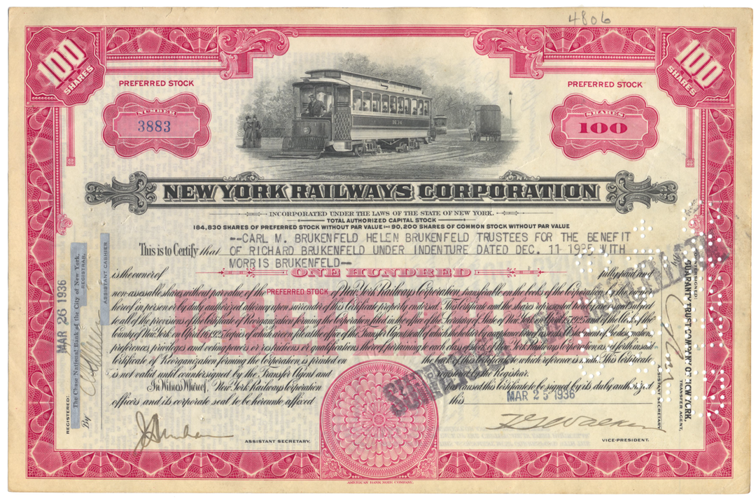 New York Railways Corporation Stock Certificate