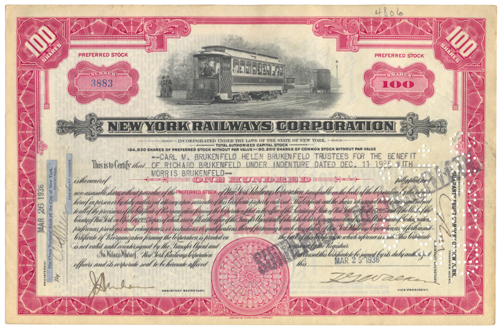 New York Railways Corporation Stock Certificate