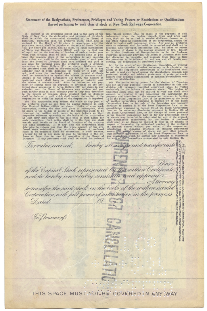 New York Railways Corporation Stock Certificate