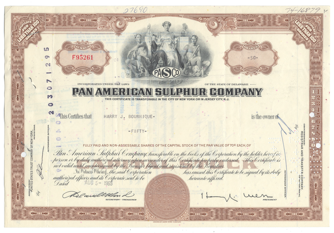 Pan American Sulphur Company Stock Certificate