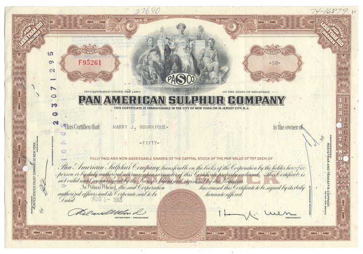 Pan American Sulphur Company Stock Certificate