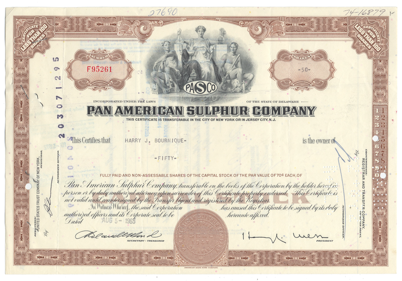 Pan American Sulphur Company Stock Certificate