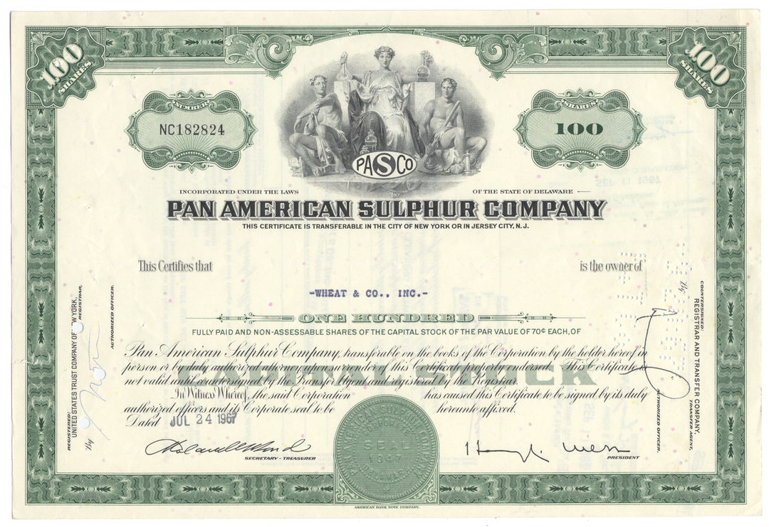 Pan American Sulphur Company Stock Certificate