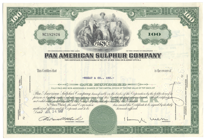 Pan American Sulphur Company Stock Certificate