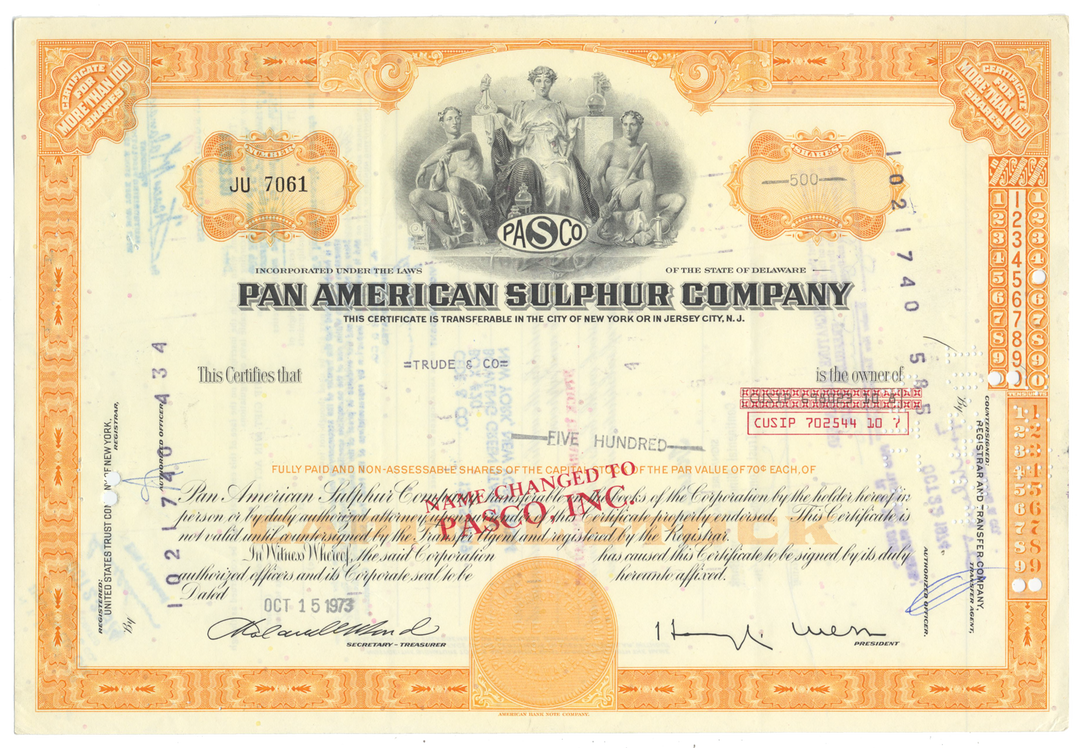 Pan American Sulphur Company Stock Certificate