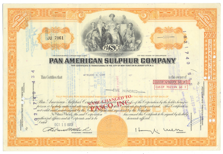 Pan American Sulphur Company Stock Certificate