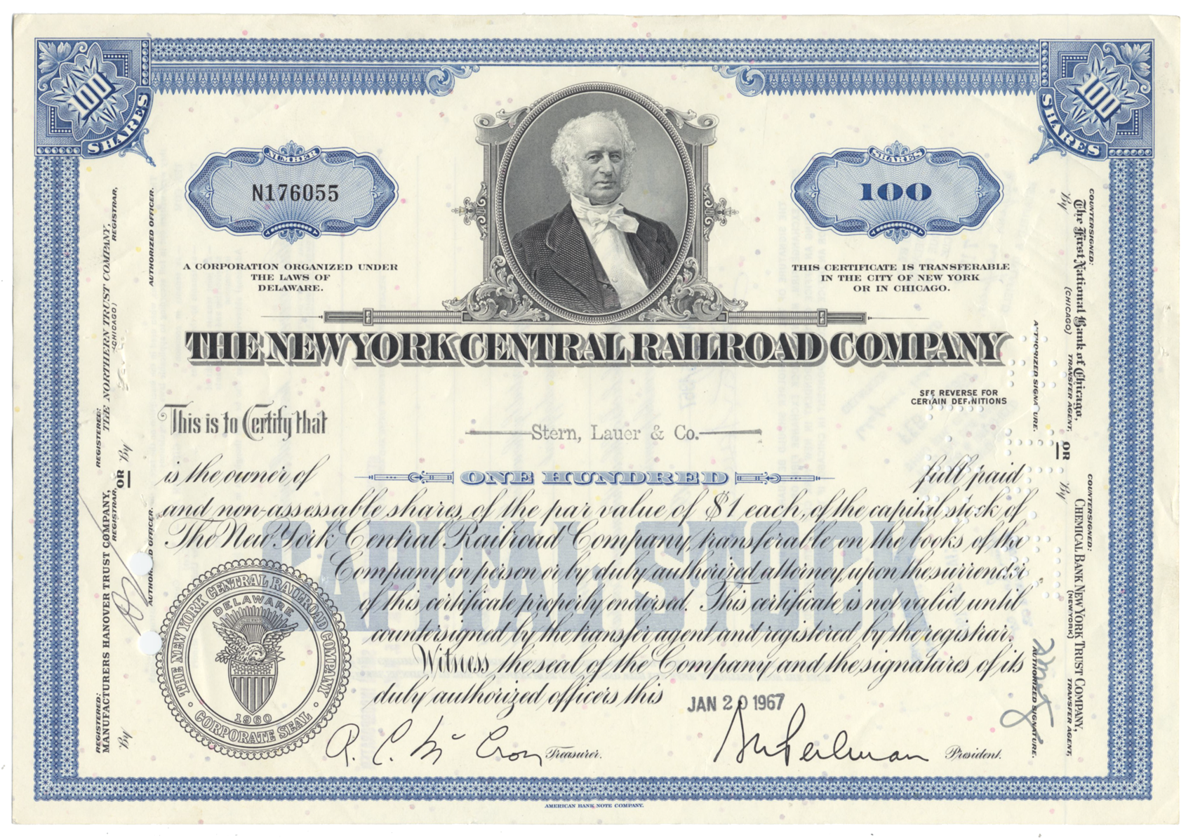 New York Central Railroad Company Stock Certificate