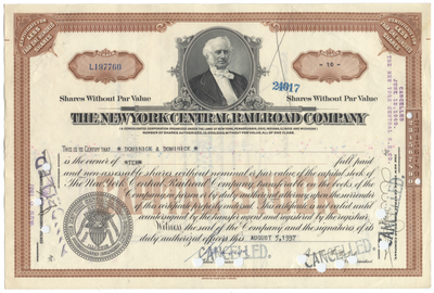 New York Central Railroad Company Stock Certificate