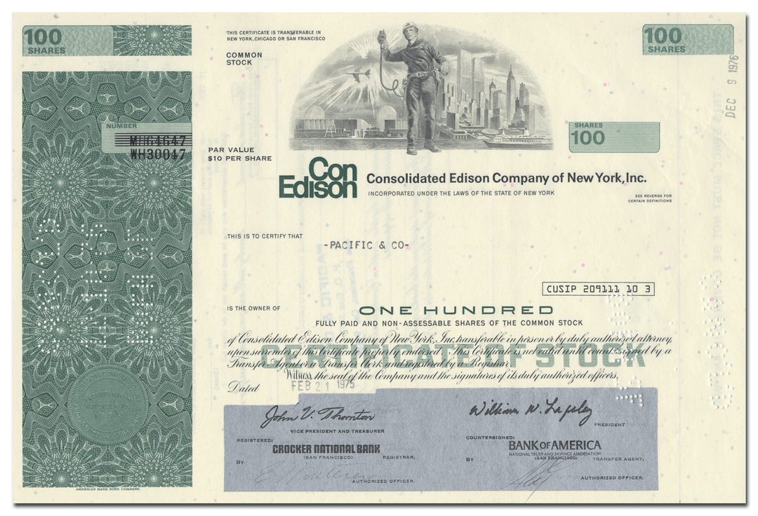 Consolidated Edison Company of New York, Inc. Stock Certificate