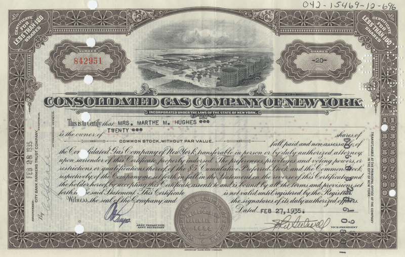 Consolidated Gas Company of New York Stock Certificate