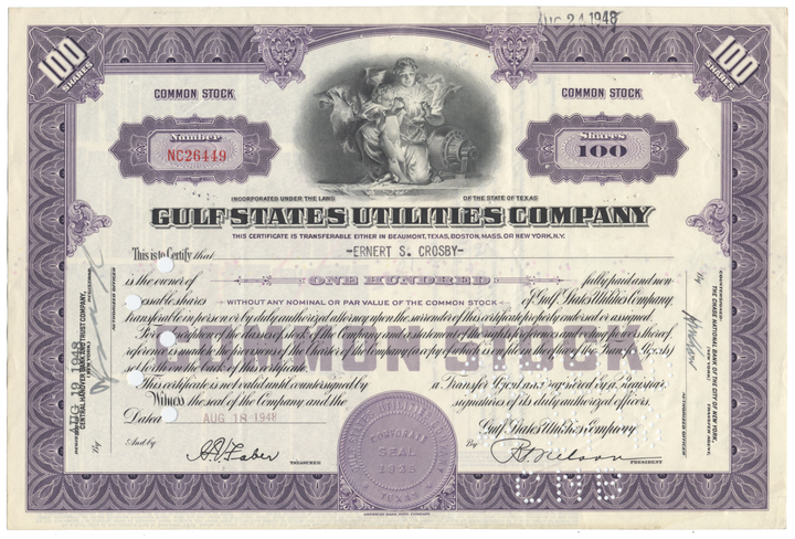 Gulf States Utilities Company Stock Certificate