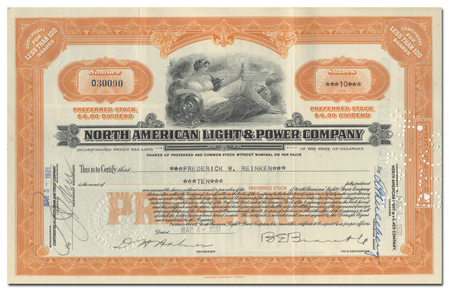 North American Light & Power Company Stock Certificate
