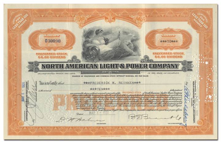 North American Light & Power Company Stock Certificate