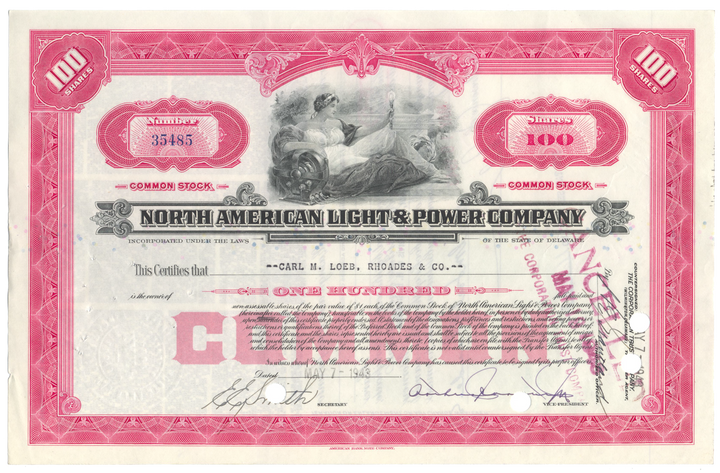 North American Light & Power Company Stock Certificate