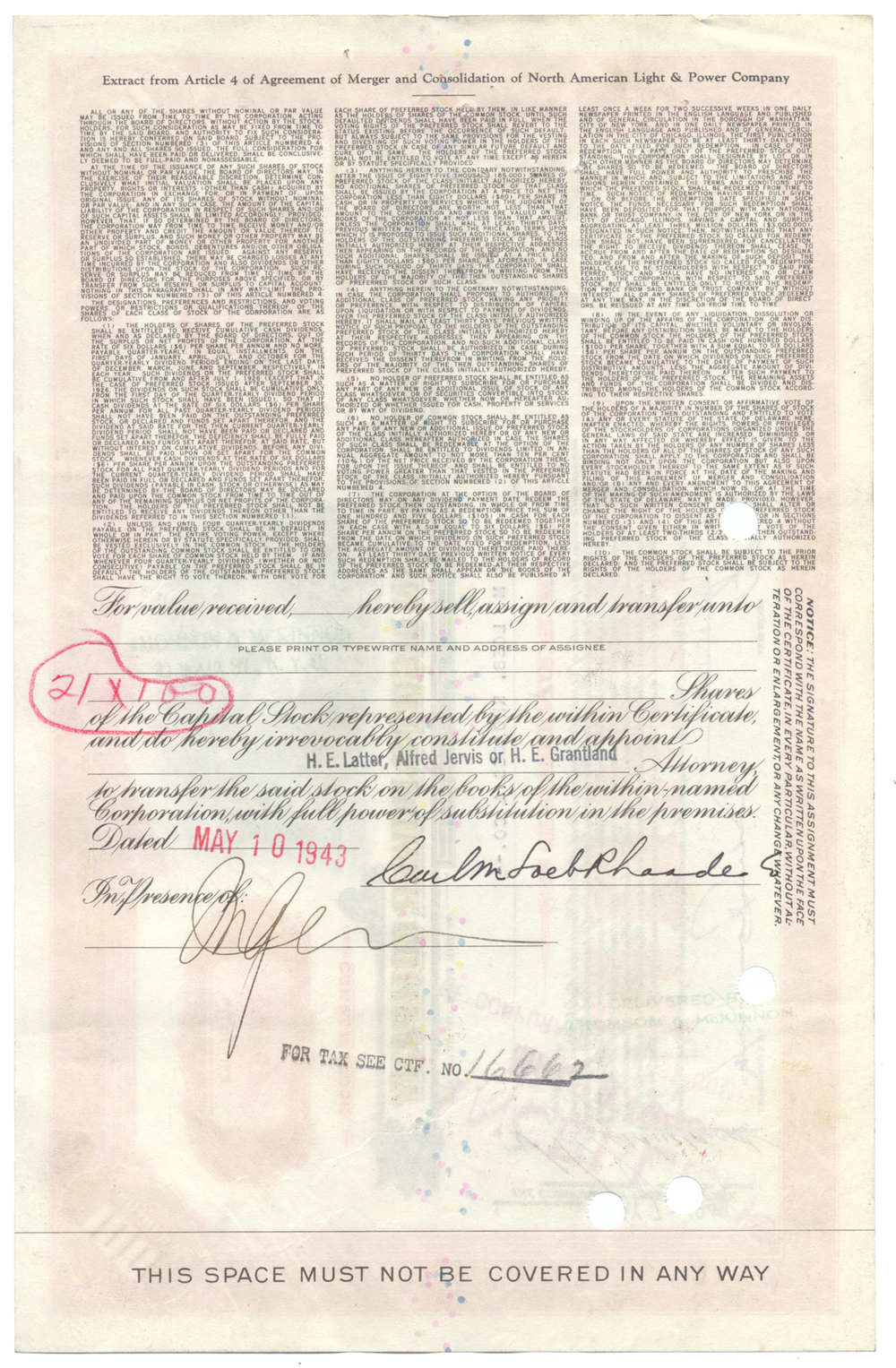 North American Light & Power Company Stock Certificate