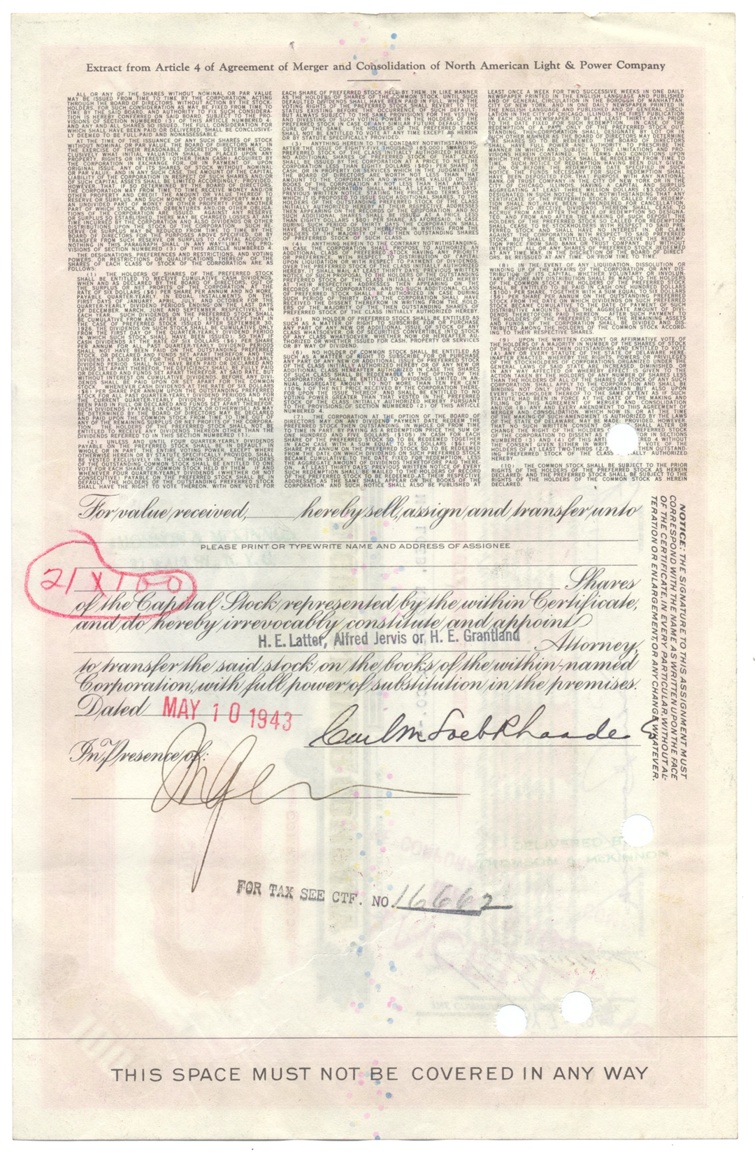 North American Light & Power Company Stock Certificate