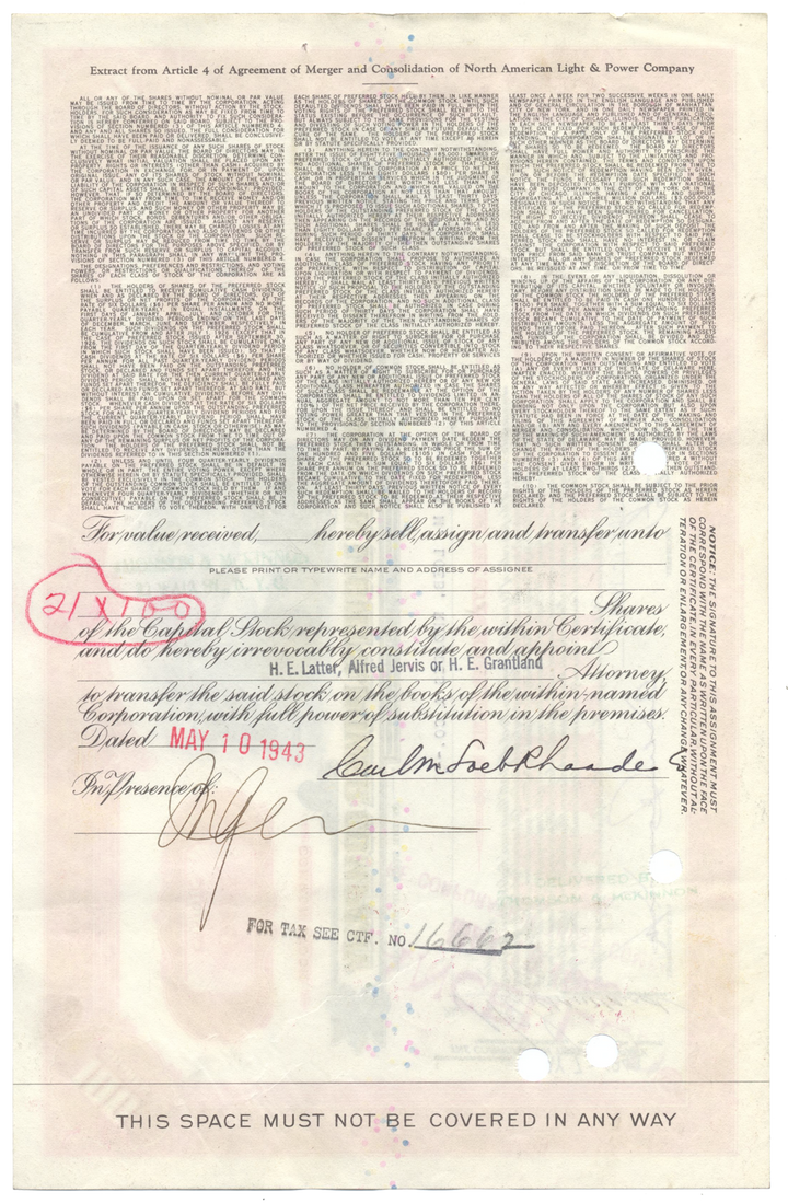 North American Light & Power Company Stock Certificate