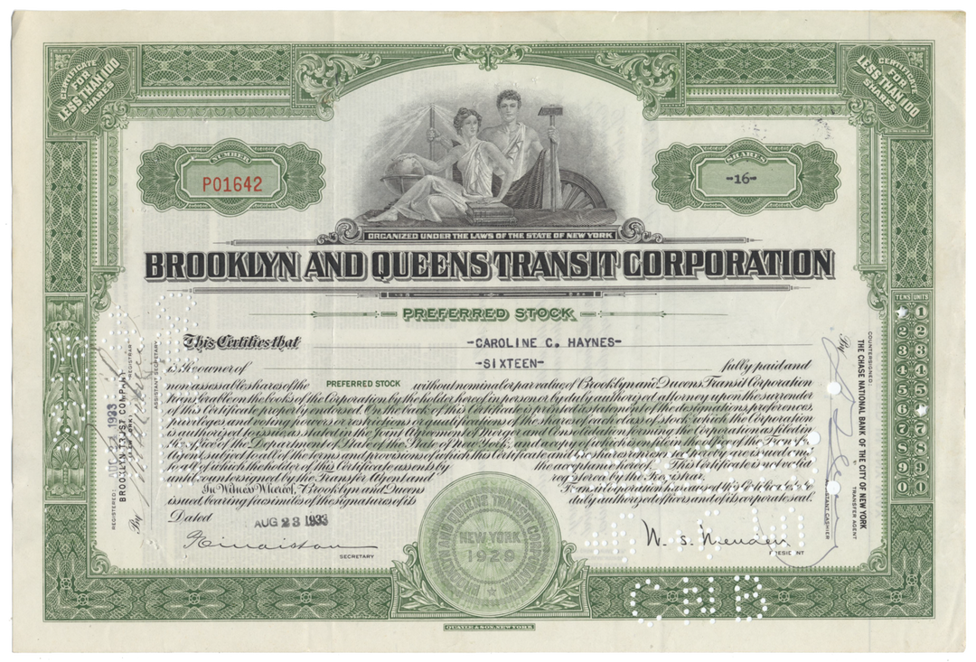 Brooklyn and Queens Transit Corporation Stock Certificate