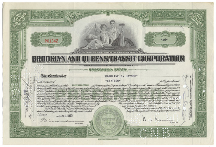 Brooklyn and Queens Transit Corporation Stock Certificate