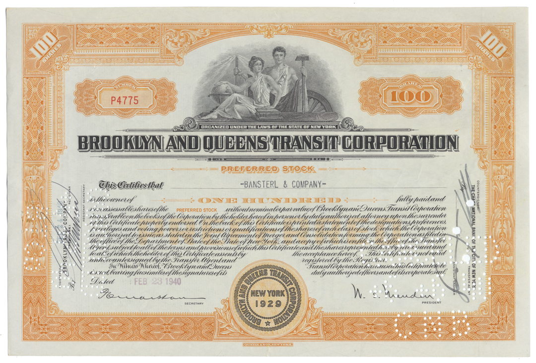 Brooklyn and Queens Transit Corporation Stock Certificate