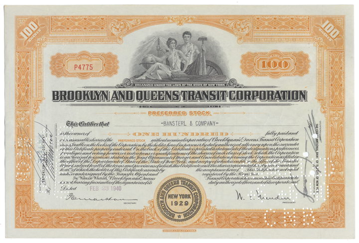 Brooklyn and Queens Transit Corporation Stock Certificate