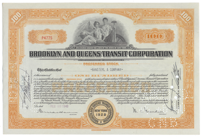 Brooklyn and Queens Transit Corporation Stock Certificate