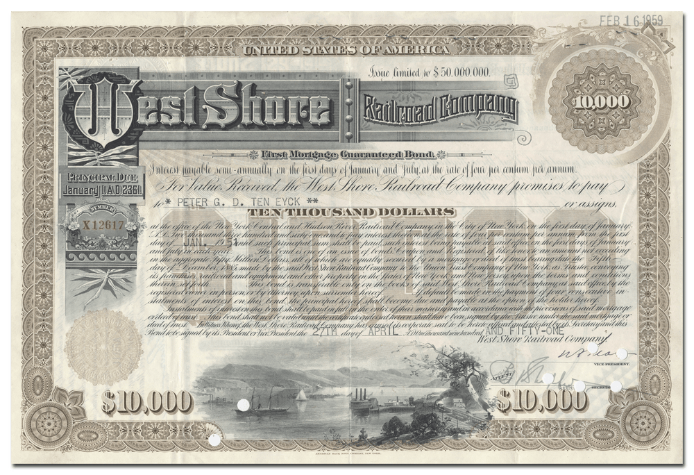 West Shore Railroad Company Bond Certificate