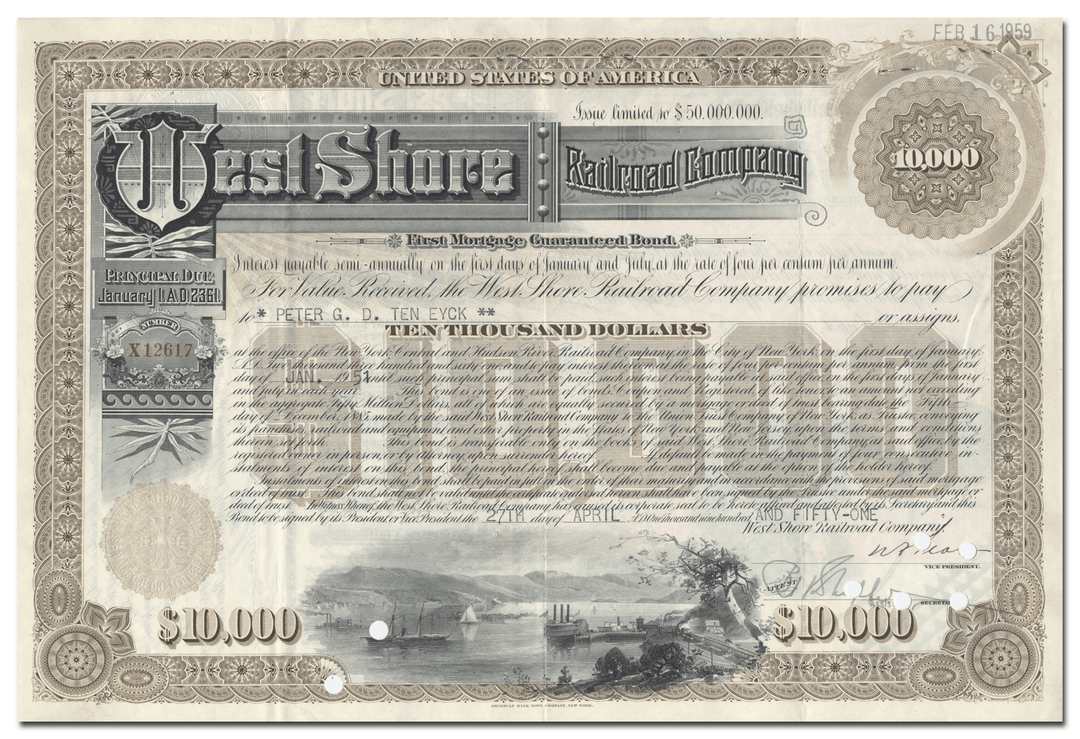 West Shore Railroad Company Bond Certificate