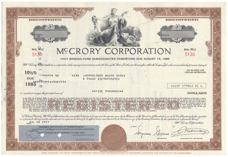 McCrory Corporation Bond Certificate
