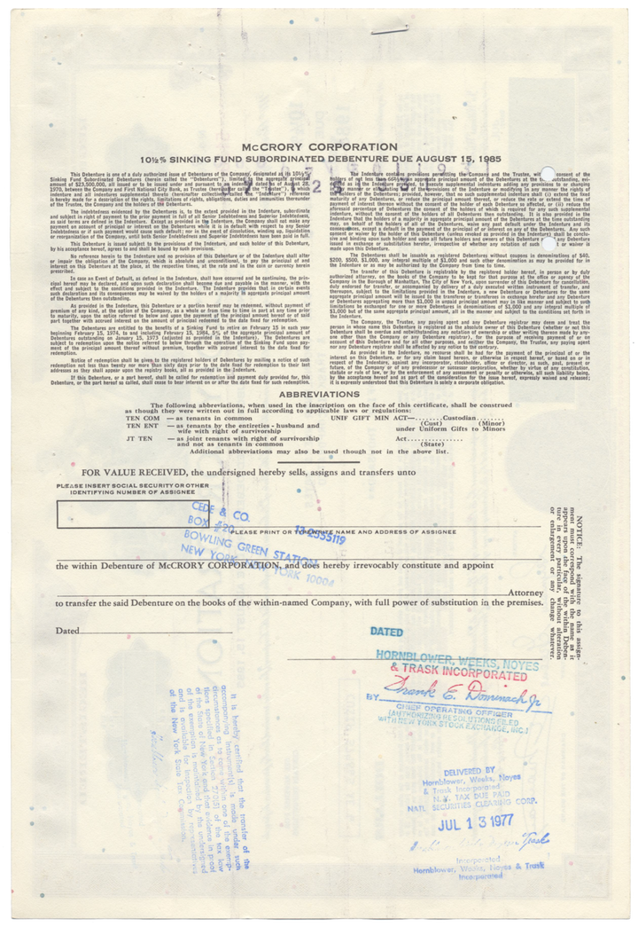 McCrory Corporation Bond Certificate