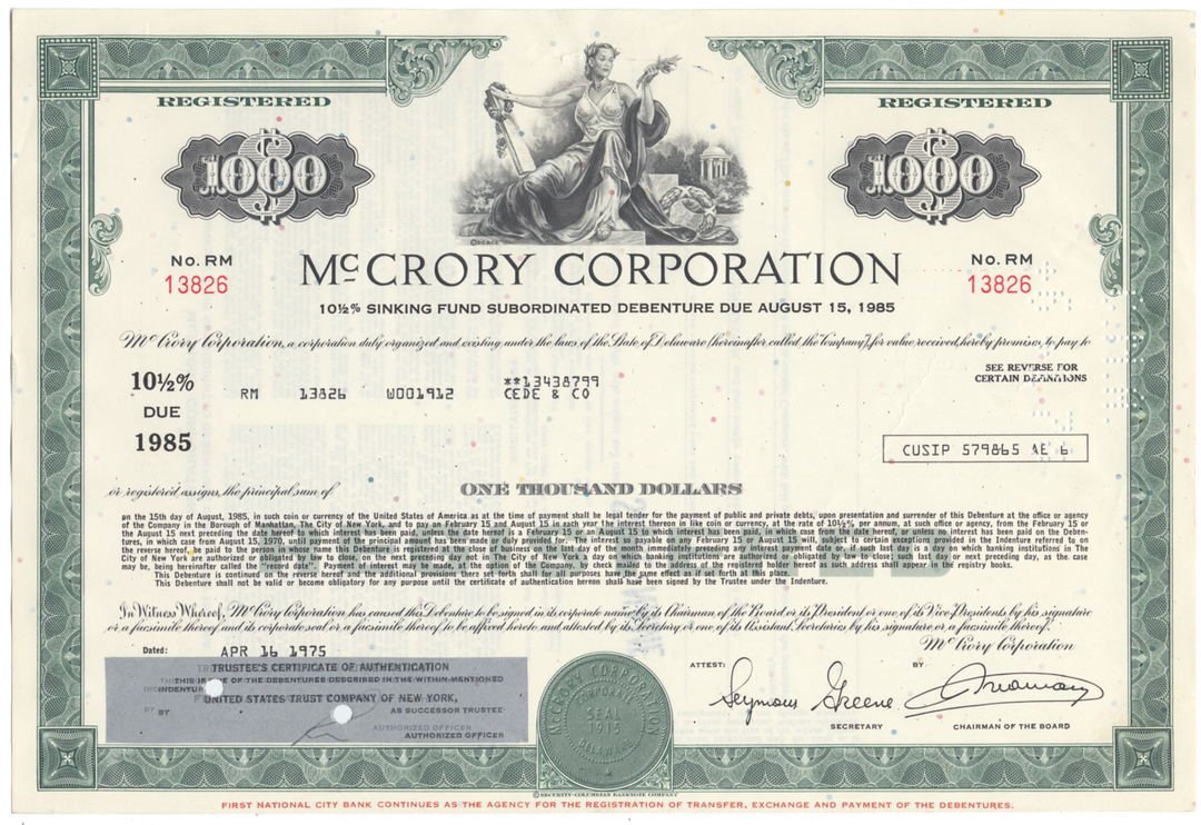 McCrory Corporation Bond Certificate