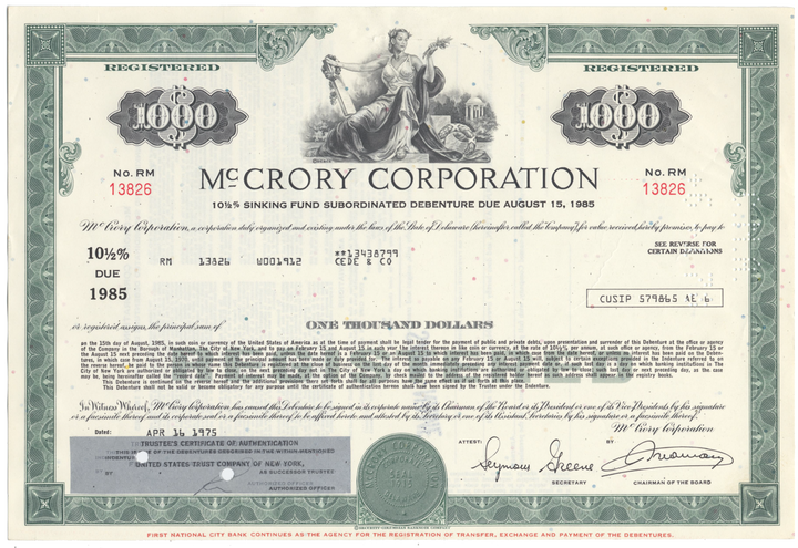 McCrory Corporation Bond Certificate