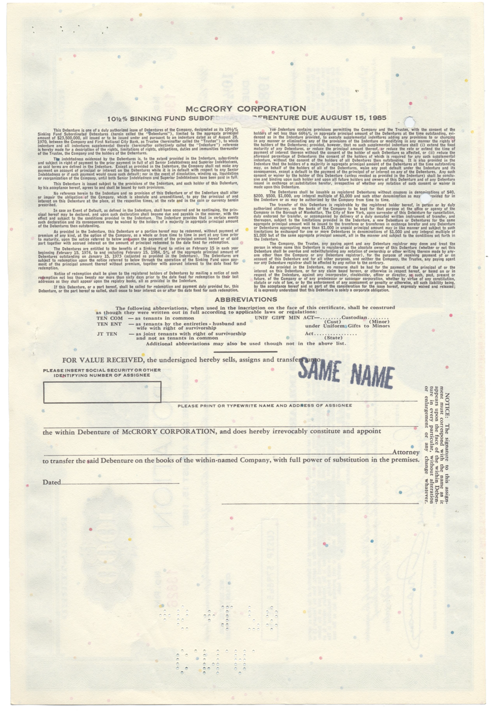 McCrory Corporation Bond Certificate