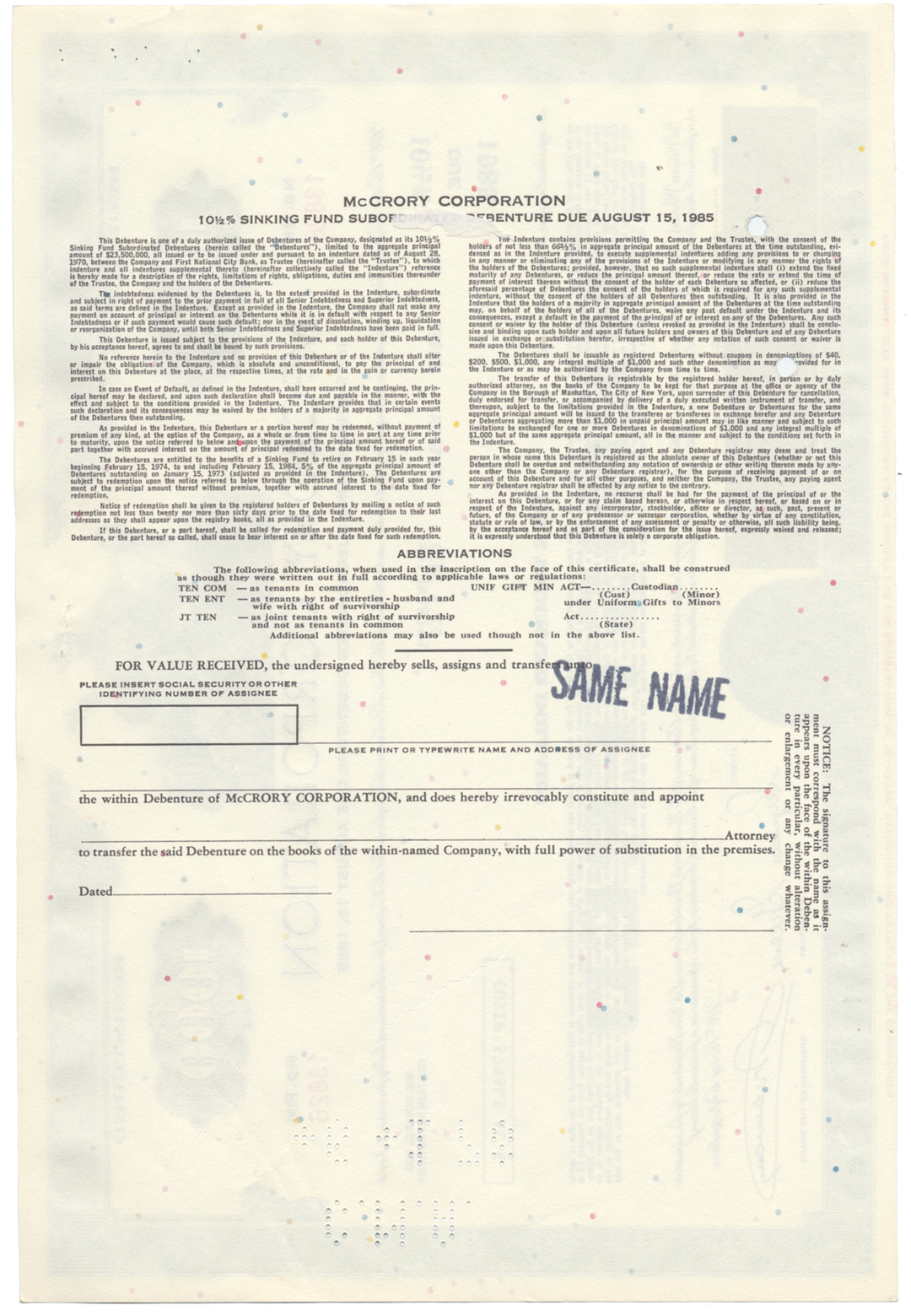 McCrory Corporation Bond Certificate