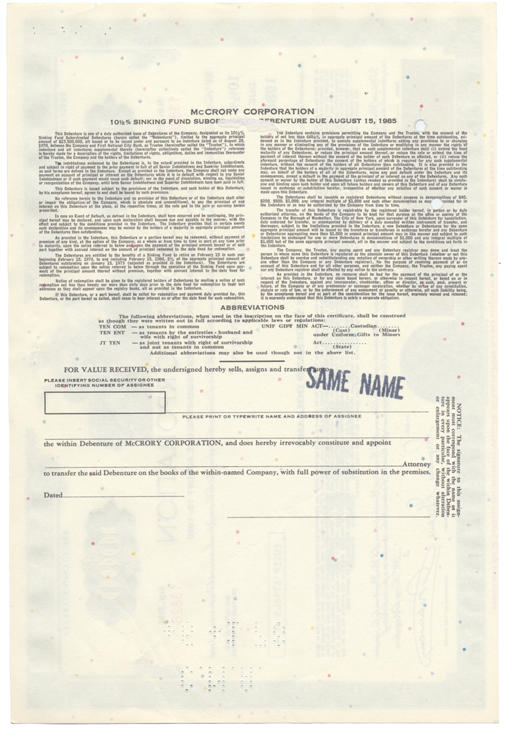 McCrory Corporation Bond Certificate