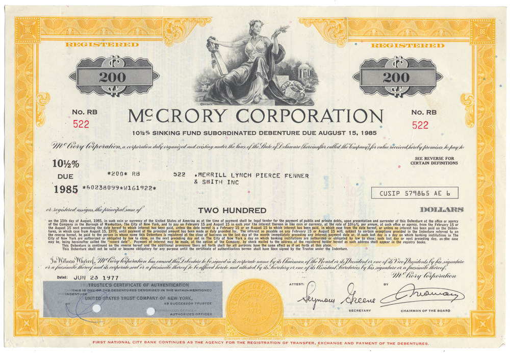 McCrory Corporation Bond Certificate