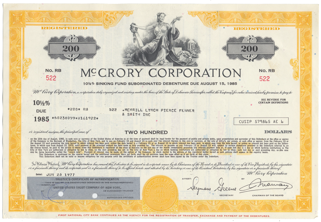 McCrory Corporation Bond Certificate