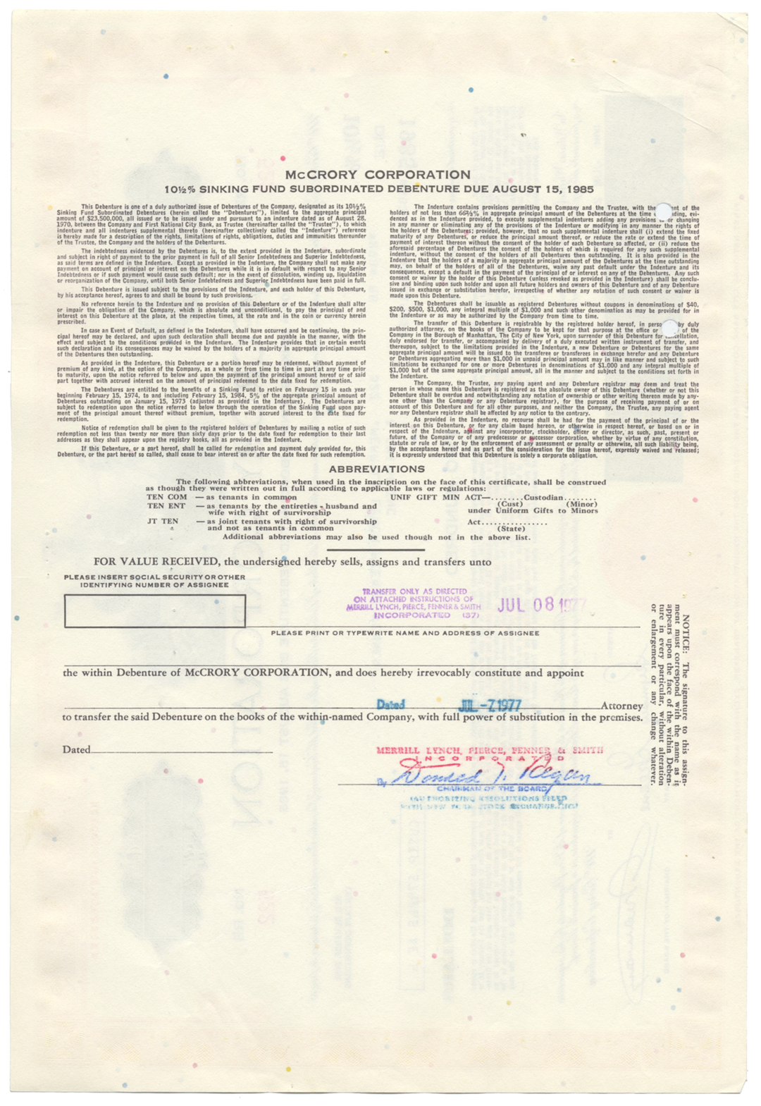 McCrory Corporation Bond Certificate