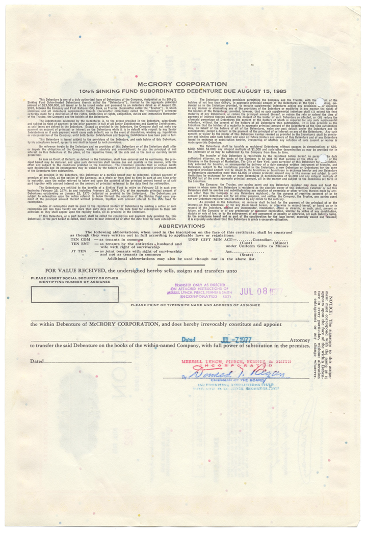 McCrory Corporation Bond Certificate